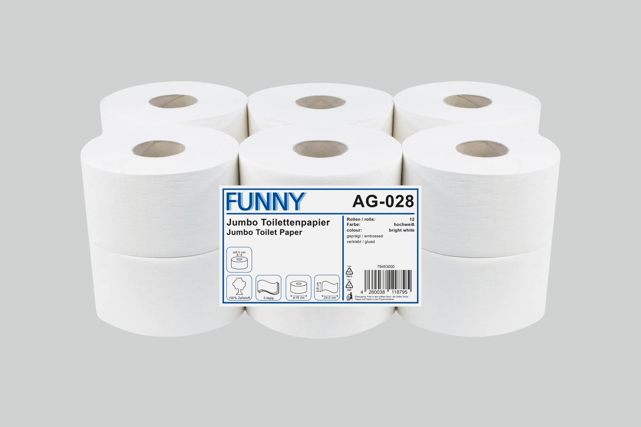 Funny Jumbo-Toilettenpapier, 3-lagig, weiß, Ø 19 cm, 12 Rollen