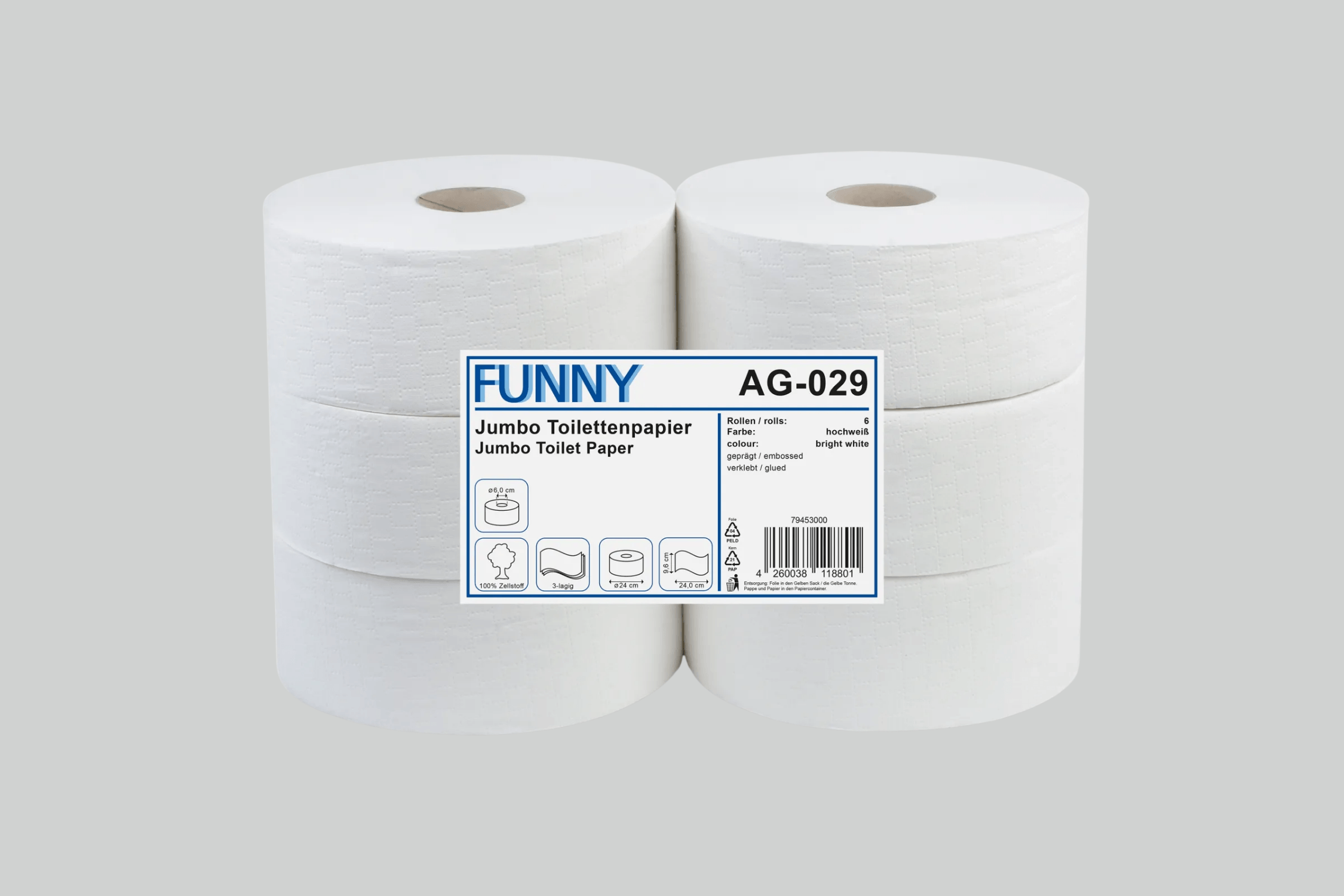 Funny Jumbo-Toilettenpapier, 3-lagig, weiß, Ø 24 cm, 6 Rollen
