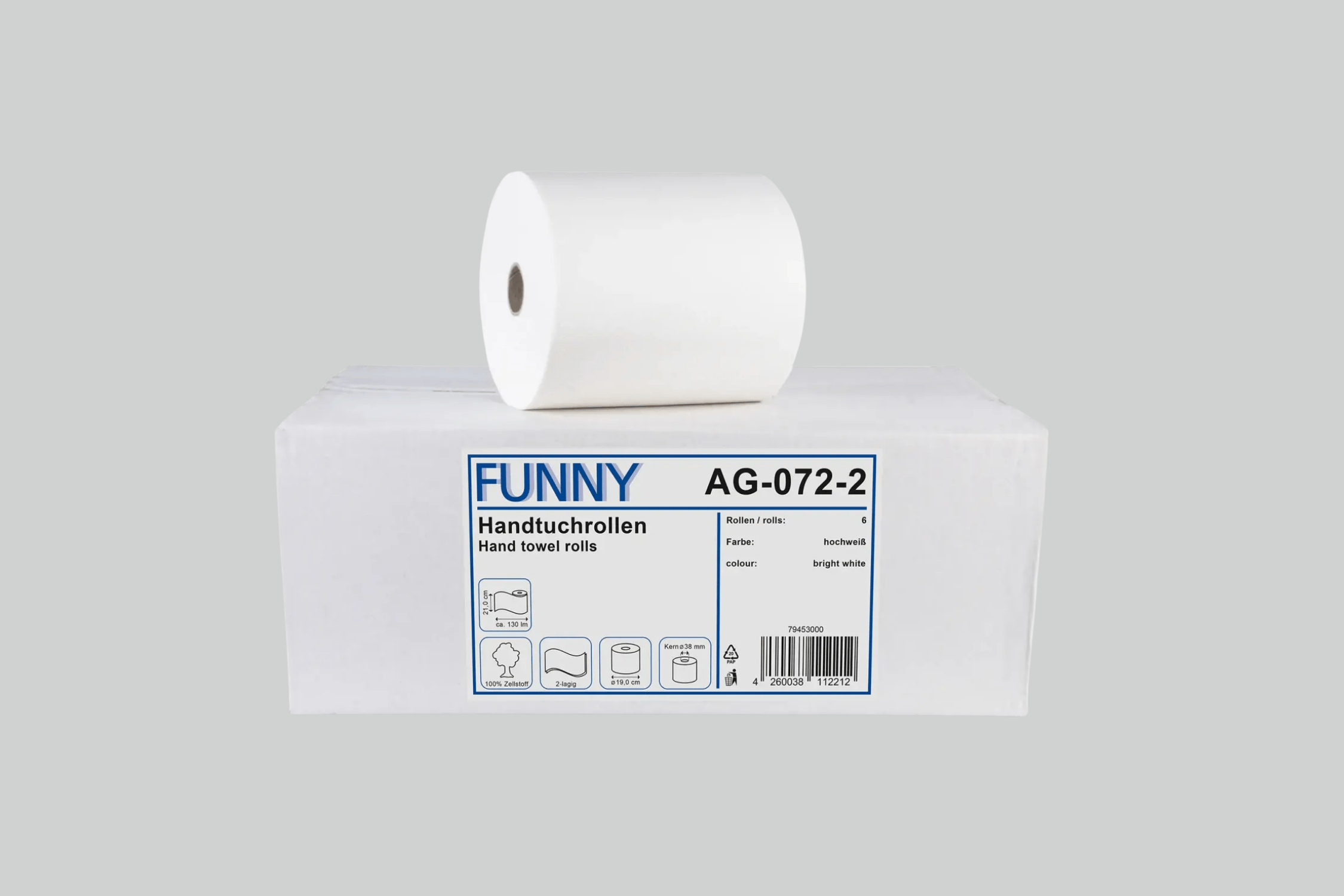 Funny Handtuchrolle Autocut 21 cm, 2-lagig, Ø 19 cm, Zellstoff hochweiß, 6 Rollen