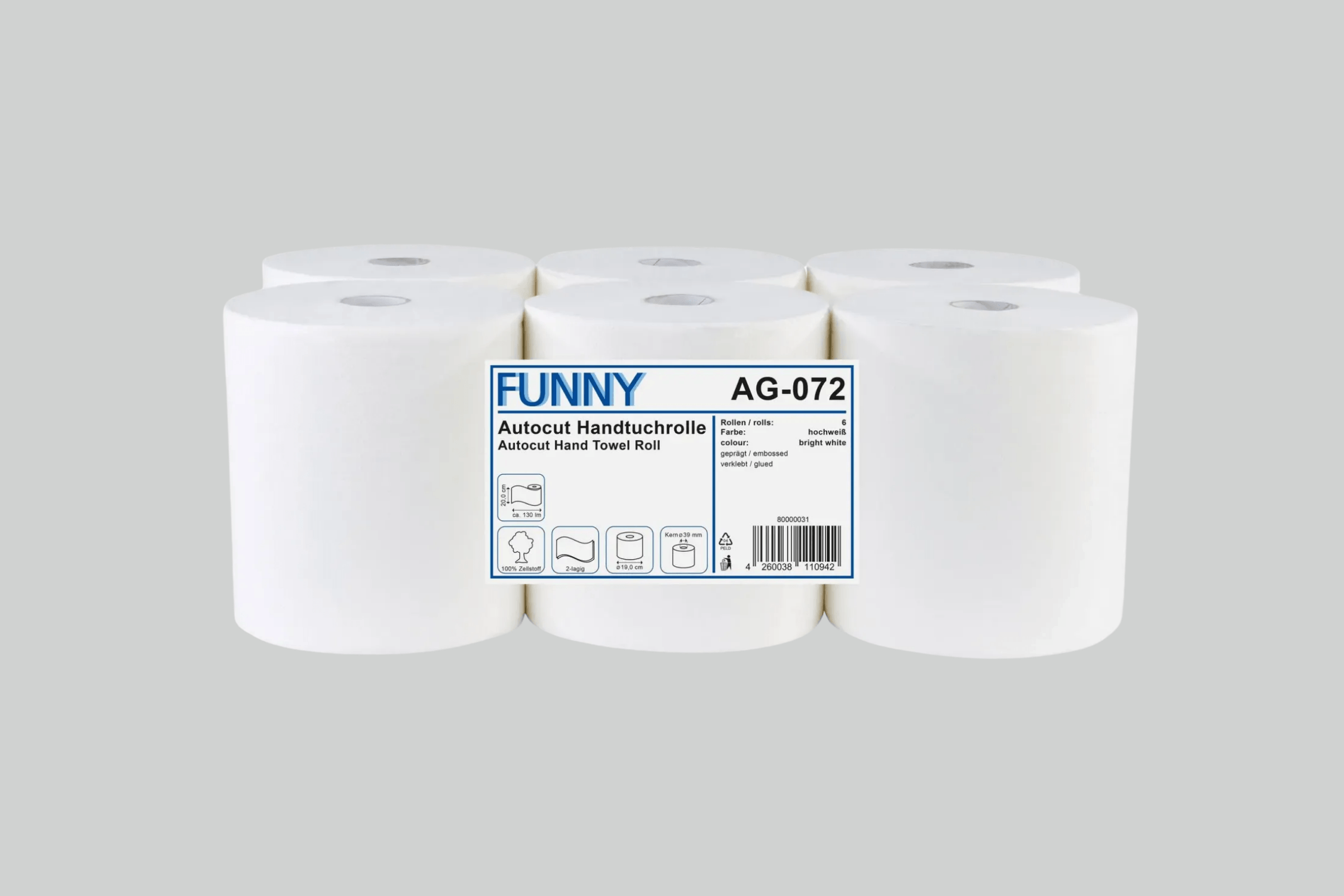 Funny Handtuchrolle Autocut 20 cm, 2-lagig, Ø 19 cm, Zellstoff hochweiß, 6 Rollen in Folie