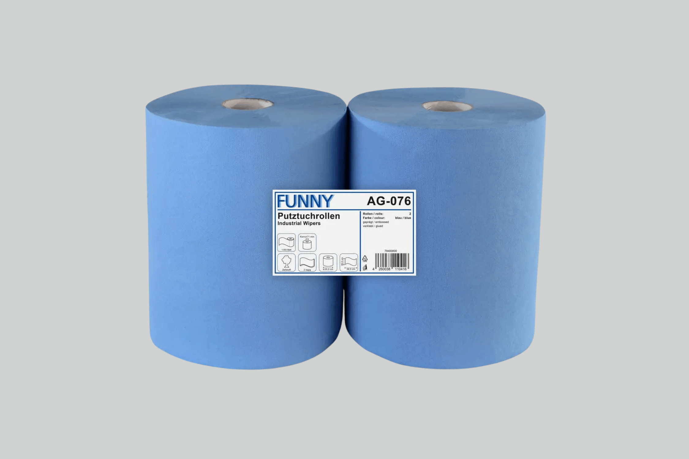 Funny Industrierolle 36 cm, 2-lagig, blau, Zellstoff, 1.000 Blatt, 2 Rollen