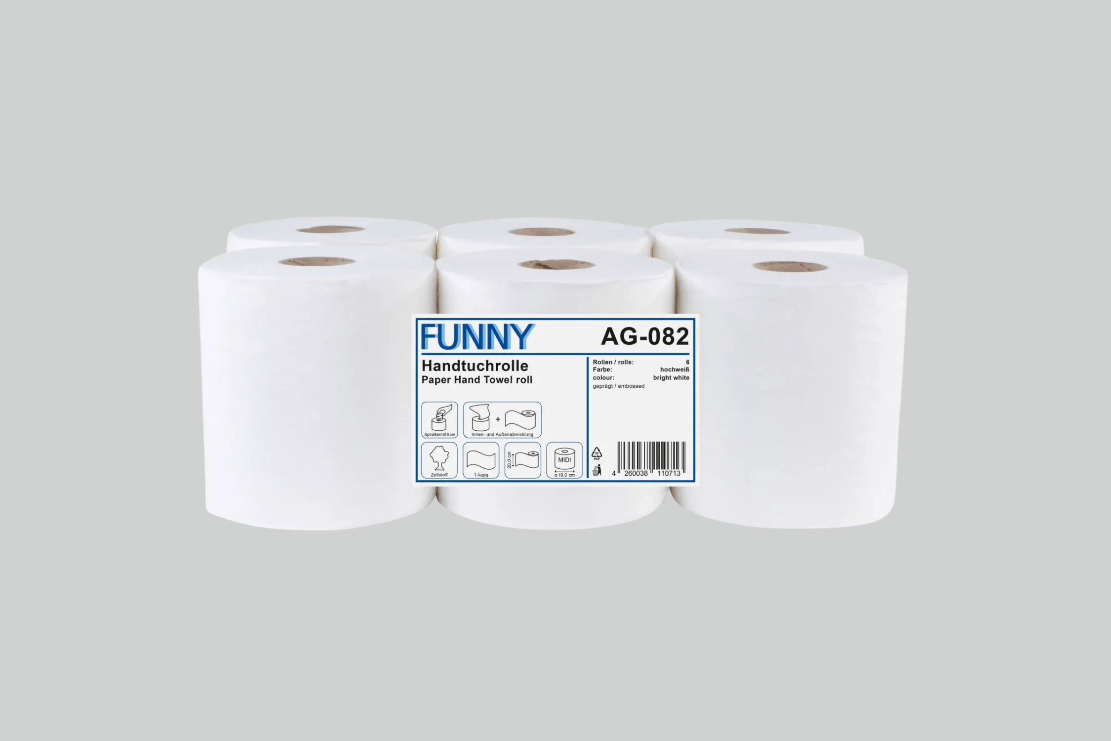 Funny Handtuchrolle MIDI 20 cm, 1-lagig, Zellstoff hochweiß, Ø 19 cm, 6 Rollen