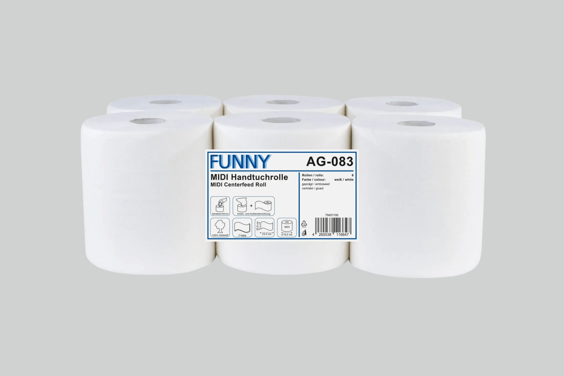 Funny Handtuchrolle MIDI 20 cm, 2-lagig, Zellstoff weiß, Ø 19 cm, 6 Rollen
