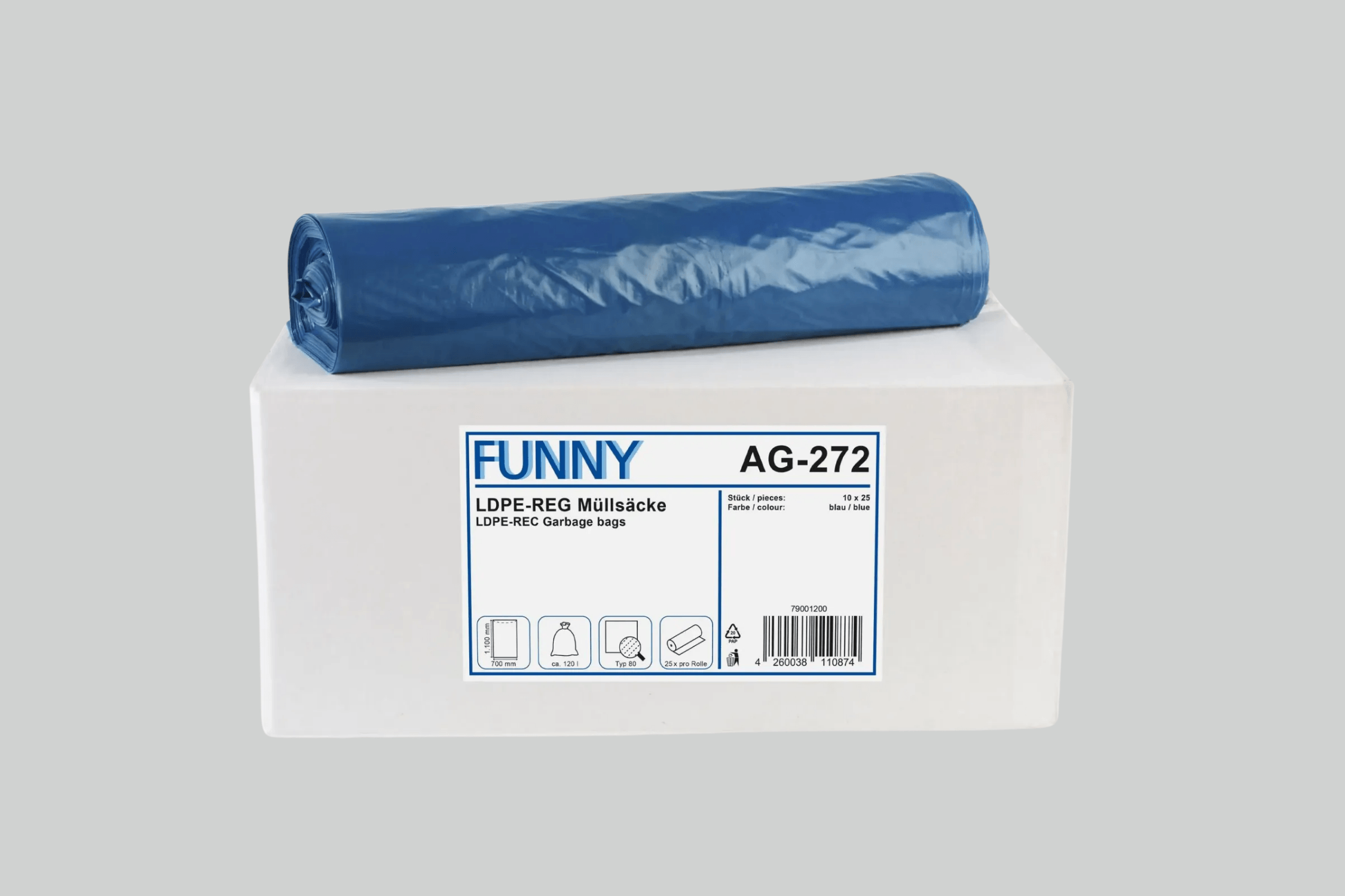 Funny LDPE-Regenerat Müllsacke, blau, Typ 80, 120 l, 700 x 1.100 mm, 250 Stück