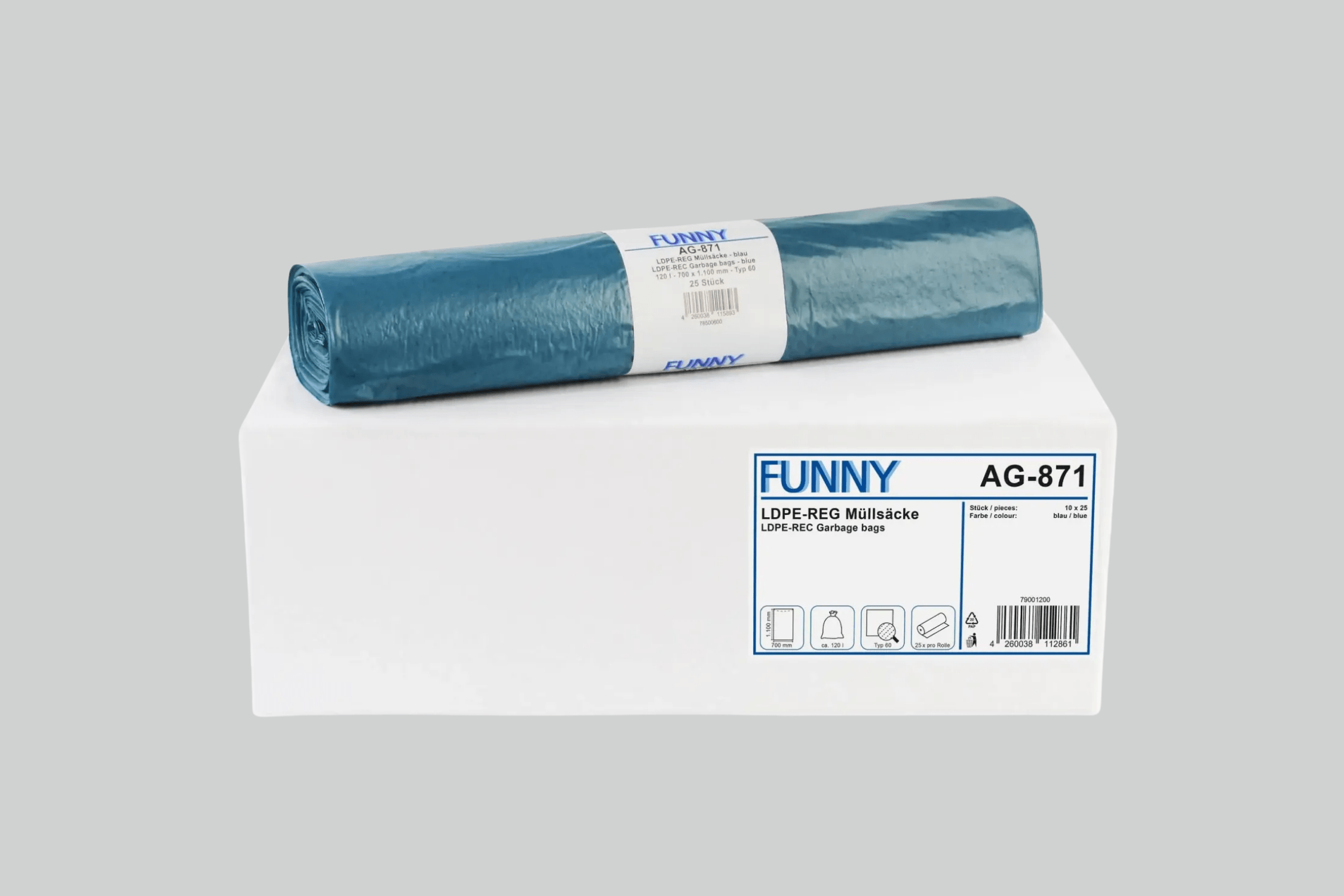 Funny LDPE-Regenerat Müllsäcke, blau, Typ 60, 120 l, 700 x 1.100 mm, 250 Stück