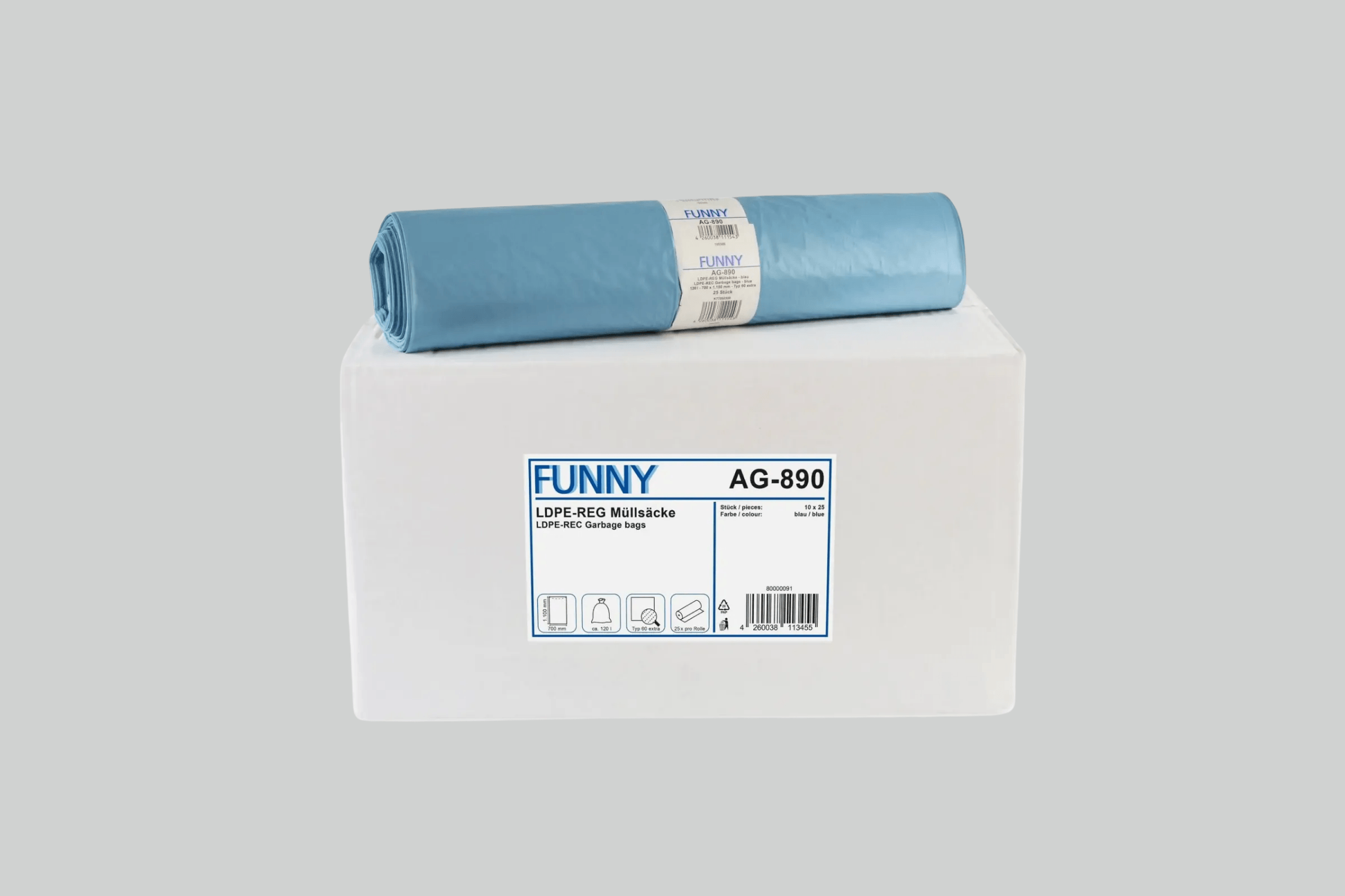Funny LDPE-Regenerat Müllsäcke, blau, Typ 60 extra, 120 l, 700 x 1.100 mm, 250 Stück
