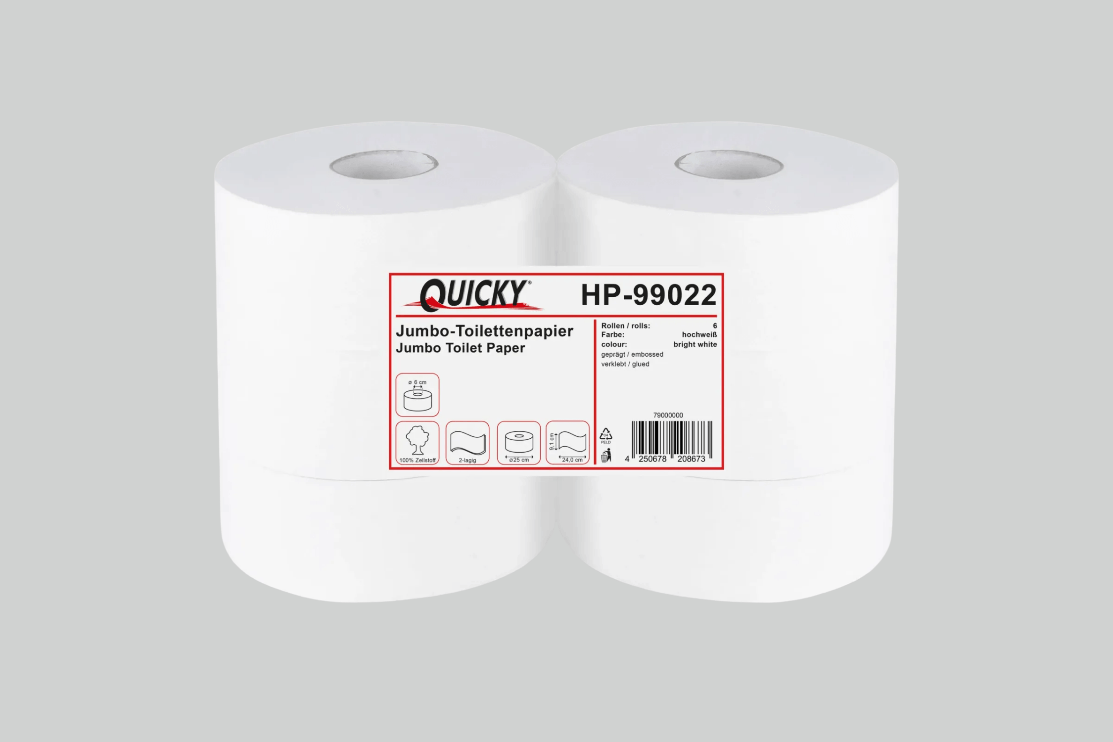 Quicky Jumbo-Toilettenpapier, 2-lagig, weiß, Ø 25 cm, 6 Rollen