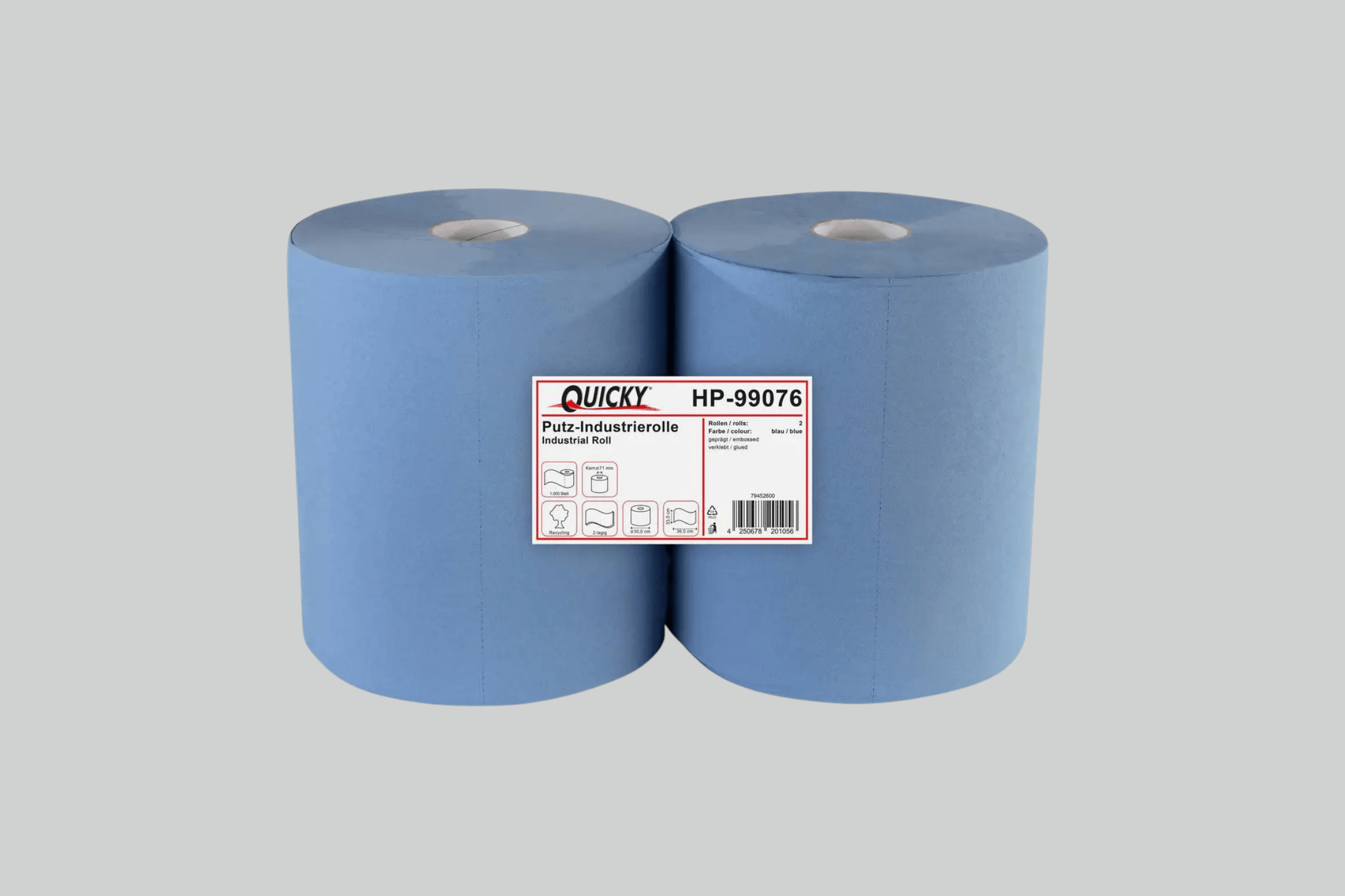 QUICKY Industrierolle 33 cm, 2-lagig, recycling blau, 1.000 Blatt, 2 Rollen